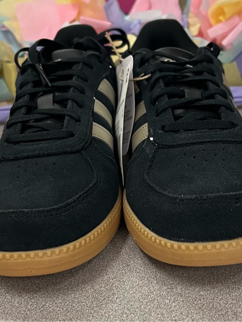 ❗️NWT❗️Adidas Sleeknet Black Suede Sneakers w/ Gold Stripes and Gum Sole - Picture 4 of 8